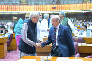 Prime Minister Muhammad Shehbaz Sharif interacts with Chairman PPP, MNA Bilawal Bhutto Zardari in the National Assembly.