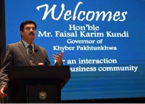 The Governor of Khyber Pakhtunkhwa (KPK) Faisal Karim Kundi speaking to the traders of KPK during a award giving ceremony held at Islamabad Chamber and Commerce &Industry.