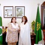PM'S Coordinator on Climate Change & Environmental Coordination Romina Khurshid Alam presenting a sapling to Uzma Yusuf, Cambridge International's Country Director for Pakistan
