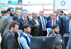 Chairman NDMA briefs Prime Minister Muhammad Shehbaz Sharif and Chairman Gates Foundation, Bill Gates during their visit of NEOC.
