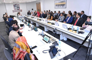 Officers of the 40th Mid-Career Management Course of the National Institute of Management headed by Chief Instructor Ms Samina Intizar and Director Fouz Khalid Khan attending a meeting during their visit to the Safe City Project.