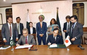 Mr. Saeed Ashraf Siddiqi, Joint Secretary, Ministry of Economic Affairs, and Mr. Naoaki Miyata, Chief Representative of JICA Pakistan, signs the Grant Agreement to bolster the Human Resource Development Scholarship Program (JDS) 2024.