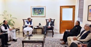 Chief Minister Gilgit-Baltistan Haji Gulbar Khan in a meeting with Federal Minister of Finance Muhammad Aurangzeb at his office.