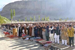 A large number of faithful offering Eidul Azha prayers at Eidgah Skardu
