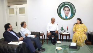 Chairperson BISP, Senator Rubina Khalid, meets with World Bank's Amjad Zafar and Gul Najam Jamy to discuss initiatives for economic empowerment and technical skills training for BISP beneficiaries.