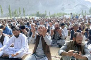 A large number of faithful offering Eidul Azha prayers at Eidgah Skardu