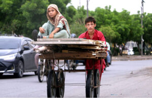 A view of laborer pushing handcart loaded with wood on the way back during hot day in city.