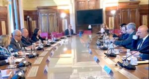 Federal Minister for Interior Mohsin Naqvi and Federal Minister of Overseas Pakistanis Chaudhry Salik Hussain in a meeting with Italian Interior Minister Matteo Piantedosi.