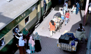 Families arriving at Railway station depart their hometowns to spend Eid ul Azha holidays with their loved ones.