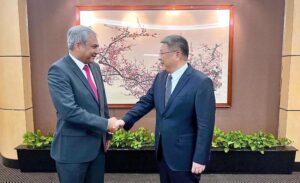 Federal Minister for Interior Mohsin Naqvi attending meeting with his counterpart from the People's Republic of China Qi Yanjun.