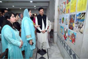 Governor KP Faisal Karim Kundi along with other officials visiting poster presentation on regional connectivity during a conference on Enhancing Regional Connectivity for the Betterment of the Shared Future of Mankind at SBBWU
