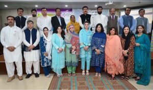 Governor KP Faisal Karim Kundi along with other officials visiting poster presentation on regional connectivity during a conference on Enhancing Regional Connectivity for the Betterment of the Shared Future of Mankind at SBBWU