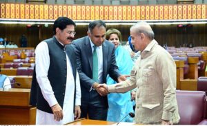 Prime Minister Muhammad Shehbaz Sharif interacts with Members of the National Assembly during National Assembly budget session.