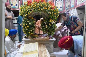 Sikh pilgrims performing religious rituals at Gurdwara as Sikh pilgrims from India and other countries arrived in Pakistan to take part in religious rituals for the fifth Sikh Guru Arjan Dev Ji’s 418th death anniversary