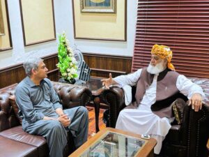 Federal Minister for Interior Mohsin Naqvi in a meeting with JUI (F) Chief Maulana Fazal-ur-Rehman.