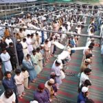 Faithful offering Eidul Azha prayers at Jamia Masjid Zia ul Aloom Satellite Town E-Block