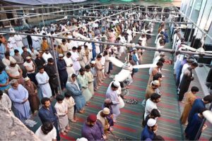 Faithful offering Eidul Azha prayers at Jamia Masjid Zia ul Aloom Satellite Town E-Block