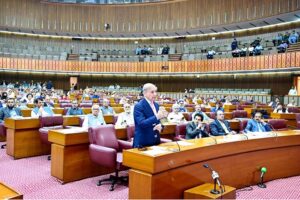 Prime Minister Muhammad Shehbaz Sharif addressing budget session of the National Assembly.