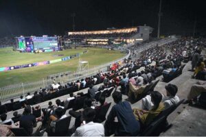 A large number of spectators watching T-20 cricket match between Pakistan and India during ICC Men's T20 World Cup on big screens installed by Pakistan Cricket Board (PCB) at Rawalpindi Cricket Stadium.