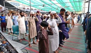 Faithful offering Eidul Azha prayers at Jamia Masjid Zia ul Aloom Satellite Town E-Block