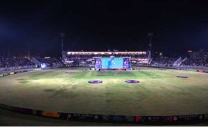 A large number of spectators watching T-20 cricket match between Pakistan and India during ICC Men's T20 World Cup on big screens installed by Pakistan Cricket Board (PCB) at Rawalpindi Cricket Stadium.