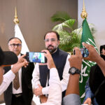 Federal Minister for Religious Affairs and Interfaith Harmony Chaudhry Salik Hussain addresses press conference after attending the 48th Grand Hajj Symposium, organized by Saudi Ministry of Hajj