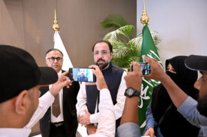 Federal Minister for Religious Affairs and Interfaith Harmony Chaudhry Salik Hussain addresses press conference after attending the 48th Grand Hajj Symposium, organized by Saudi Ministry of Hajj