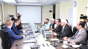 A delegation from US Treasury Department meets Minister for Power Awais Leghari in the leadership of Assistant Secretary of Treasury Brent Neiman.