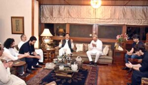 Chairman Senate Syed Yusuf Raza Gilani offering Fateha after condoling with Sheikh Mian Fareed Mughees and Sheikh Mian Naveed Mughees on the death of their father at their residence