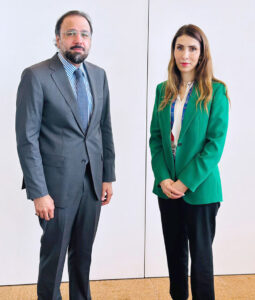 Federal Minister for Overseas Pakistanis and Human Resource Development, Chaudhry Salik Hussain in a meeting with Dr. Enas Attari, Palestine Labour Minister.