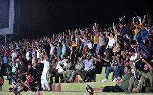 A large number of spectators watching T-20 cricket match between Pakistan and India during ICC Men's T20 World Cup on big screens installed by Pakistan Cricket Board (PCB) at Rawalpindi Cricket Stadium.