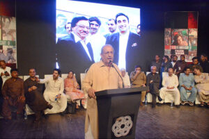Former Senate Chairman Raza Rabani addresses on the occasion of death anniversary of political Secretary to Benazir Bhutto Munawar Suhrwardy at Arts Council.
