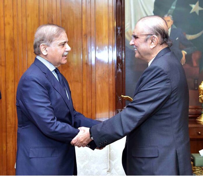 President Asif Ali Zardari welcoming the Prime Minister, Muhammad Shehbaz Sharif, at Aiwan-e-Sadr