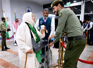 Saudi officials welcome the Hajj pilgrims from different countries on their arrival