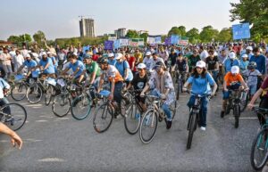 A large number of people participating in bicycle rally on the eve of observing the International Day against Drug Abuse and Illicit Trafficking, organized by Anti Narcotic Force at F-9 Park.