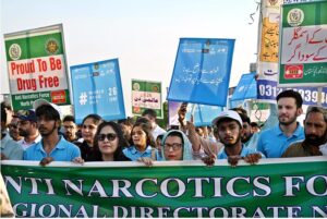 A large number of people participating in bicycle rally on the eve of observing the International Day against Drug Abuse and Illicit Trafficking, organized by Anti Narcotic Force at F-9 Park.