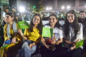Spectators watching cricket match between India and Pakistan on big screen at Arts Council during ICC Men's Twenty20 World Cup in New York