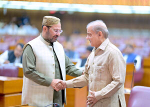 Prime Minister Muhammad Shehbaz Sharif interacts with the members of National Assembly during a session of the National Assembly.