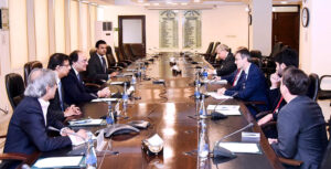 Finance Minister Muhammad Aurangzeb in a meeting with Mr. Brent Neiman, Deputy Under Secretary / Assistant Secretary of Treasury USA accompanied by his team.