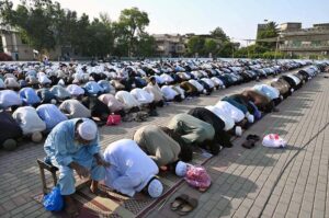 A large number of faithful offering Eidul Azha prayers at Eidgah Sharif