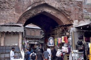 A deteriorated view of Chitta Gate in Kashmir Bazar, built in 1650 during Shah Jahan's rule and originally served as Lahore's 'Delhi Gate' during the Mughal era.
