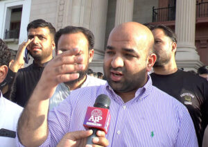 Provincial Minister for Transport, Bilal Akbar Khan is talking to media regarding the Punjab Budget 2024-25 outside the provincial assembly.