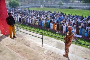 Security officials standing high alert during Eid-ul-Azha prayers at Hockey Chowk