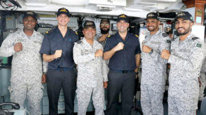 Pakistan and Spanish Navy officials onboard PNS ASLAT during Passage Exercises in Indian Ocean.