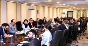 Federal Minister for Finance & Revenue Senator Muhammad Aurangzeb presiding over a meeting of Economic Coordination Committee (ECC).