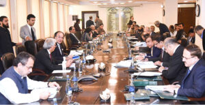 Federal Minister for Finance & Revenue Senator Muhammad Aurangzeb presiding over a meeting of Economic Coordination Committee (ECC).