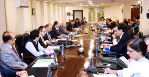 Federal Minister for Finance & Revenue Senator Muhammad Aurangzeb presiding over a meeting of Economic Coordination Committee (ECC).