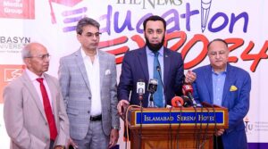 Federal Minister for Information, Broadcasting, National Heritage and Culture, Attaullah Tarar, talking to media after inaugurating 'Education Expo 2024'.