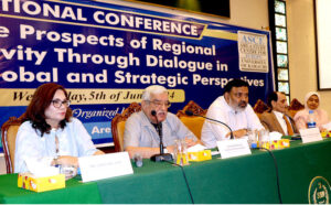 Ambassador (R) Najmuddin Shaikh former Foreign Secretary of Pakistan keynote addressing during Inaugural Session of the National Conference Future Prospects of Regional Connectivity through Dialogue in South Asia Global and Strategic Perspectives organized by Rabita Forum International (RFI) & ASCE at National Institute of Management (NIM).
