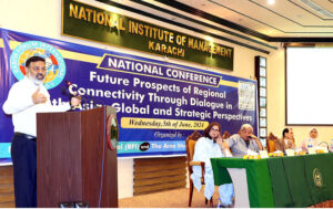 Ambassador (R) Najmuddin Shaikh former Foreign Secretary of Pakistan keynote addressing during Inaugural Session of the National Conference Future Prospects of Regional Connectivity through Dialogue in South Asia Global and Strategic Perspectives organized by Rabita Forum International (RFI) & ASCE at National Institute of Management (NIM).
